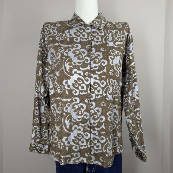 Vintage Esprit Shiny Print Blouse – Long Sleeve Button Down – Size Medium - Picture 2 of 8